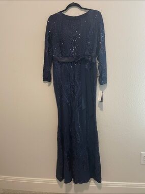 R&M Richards Navy Long Sleeve Sequin Gown with Waist Sash